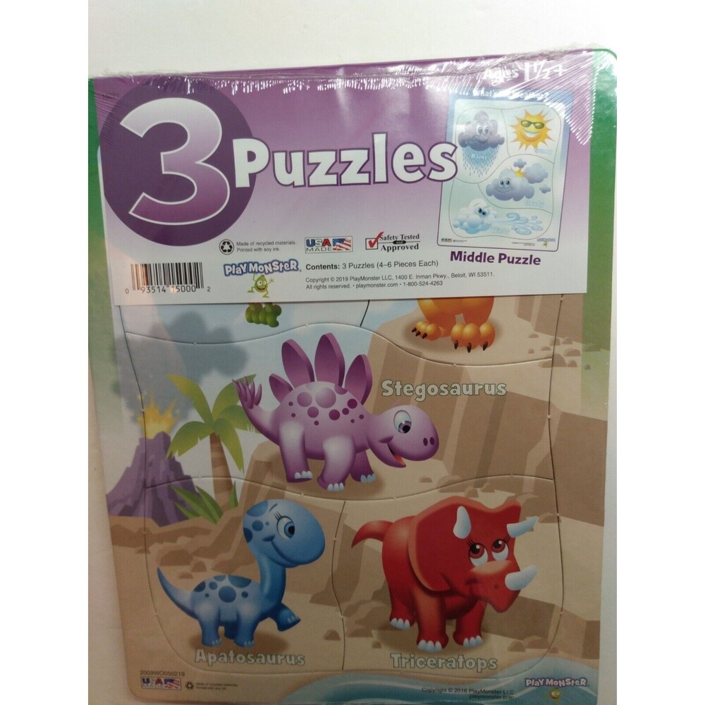 3 Pack Puzzles Dinosaurs Happy Pets Weather for Ages 1 1/2+   4 to 6 Pieces Each